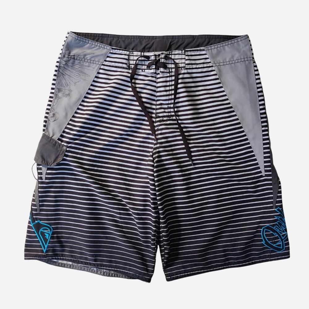 Y2K Quiksilver black & white horizontal striped polyester board shorts with blue